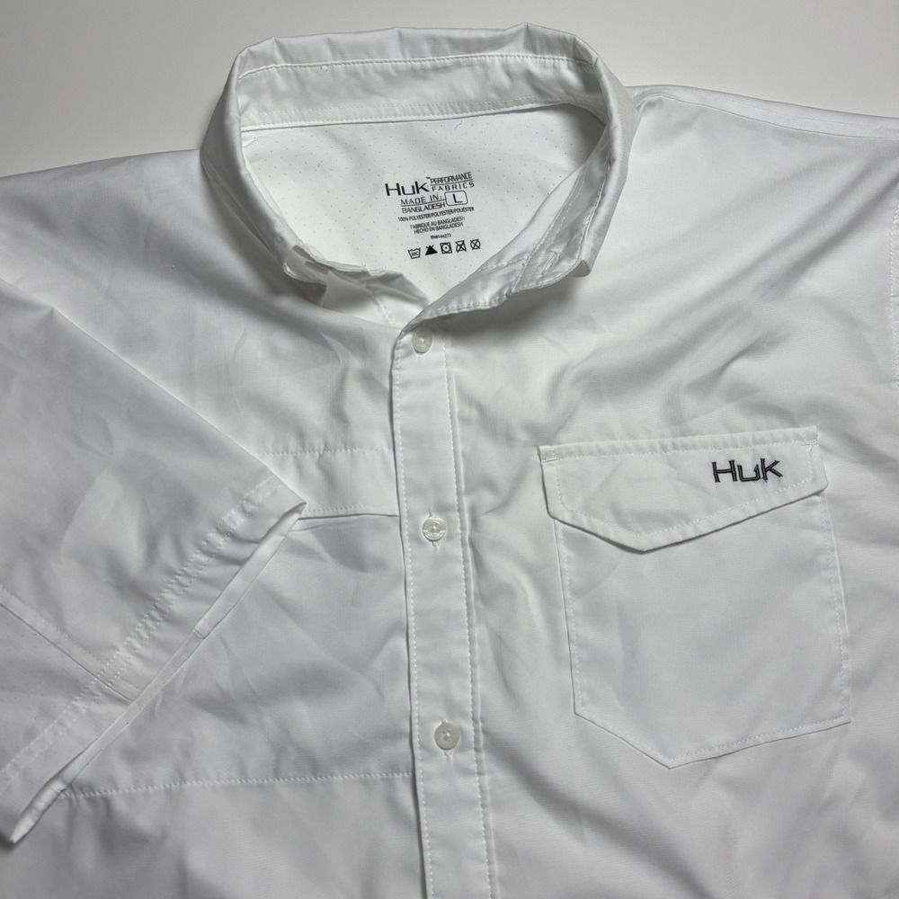 Huk Tide Point Performance Fishing Shirt Solid White Men L Short Sleeve Shirt - Picture 3 of 8